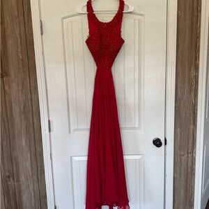 Betsy & Adam Red Beaded Prom Dress